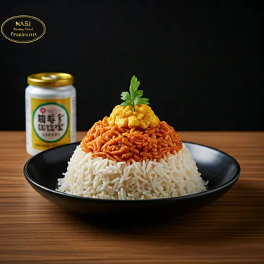 Nasi kotak premium dengan nasi putih, rendang, sayur, dan kerupuk dalam kotak bento modern